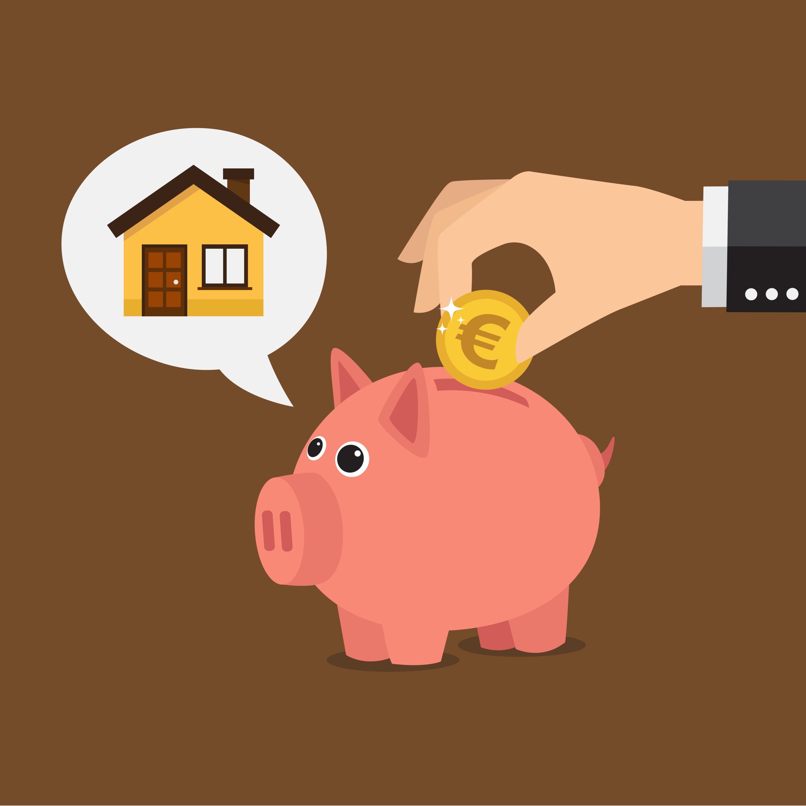 Piggy bank thinking about a house. Save money concept. Vector illustration
